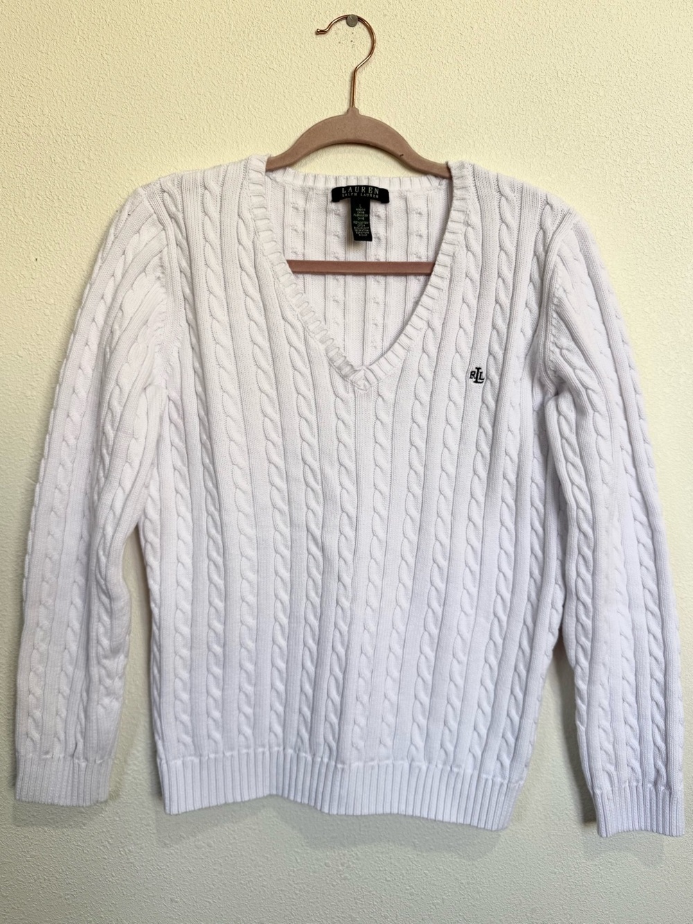 Lauren Ralph Lauren White Cable Knit V-Neck Sweater RL Logo Large - Picture 2 of 10
